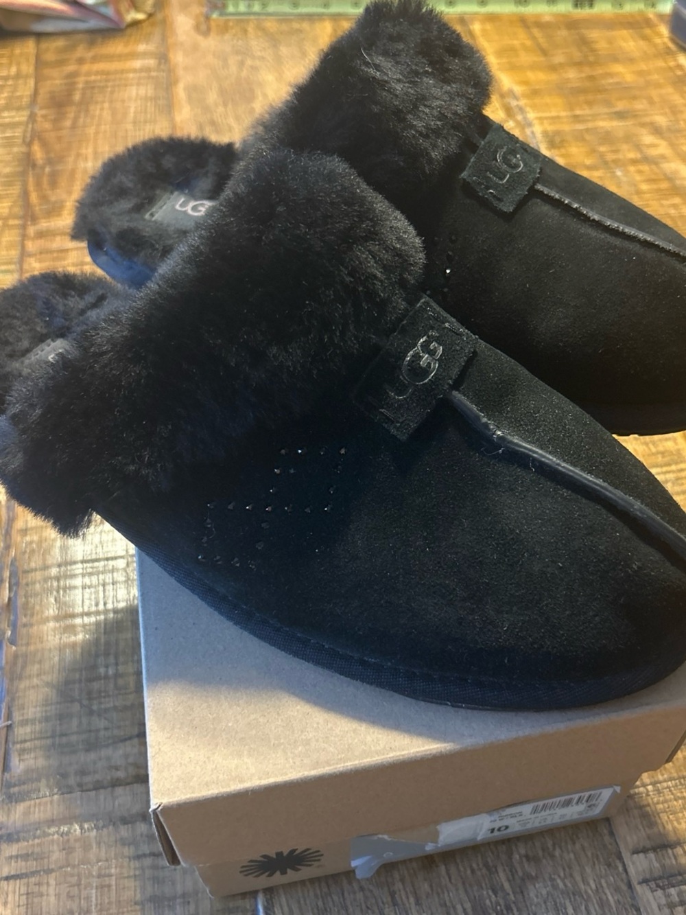 UGG Black Suede Fur-Trim Slip-On Mules/slippers